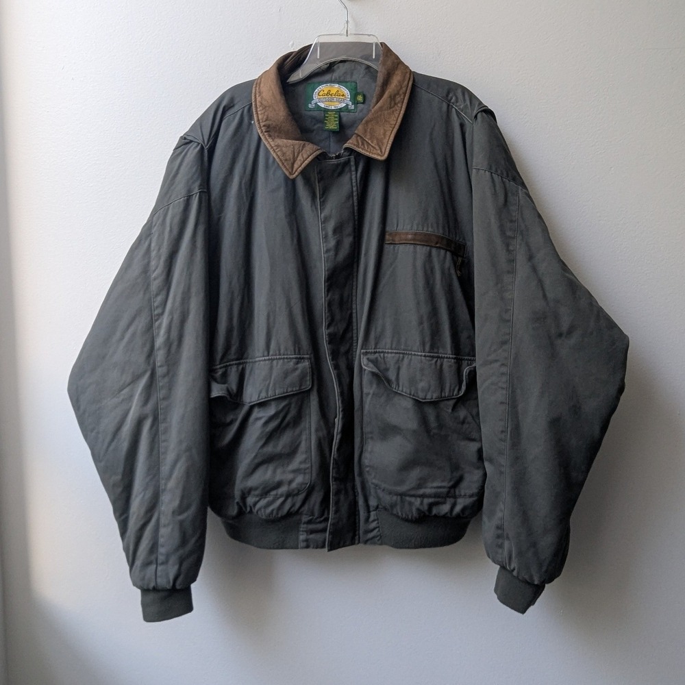 Vtg Cabelas Bomber Jacket Gray Brown Trim Workwear Rugged Barn Field Coat 2XLT